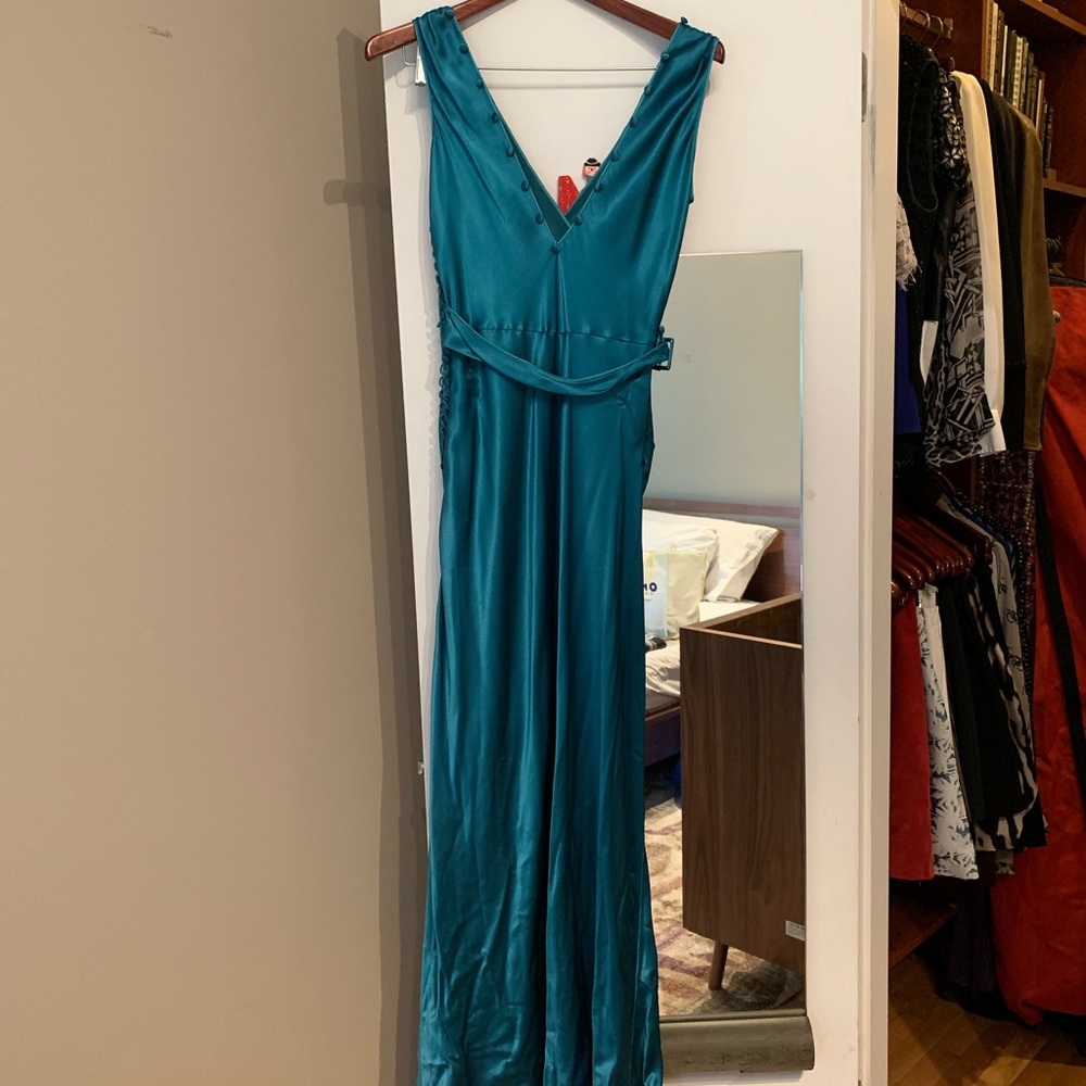 Teal Satin Evening Gown with Buttons